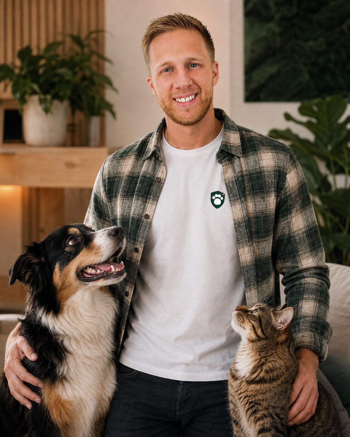 Lukas Schubert im lockeren Pfotenheld-Outfit mit Hund und Katze